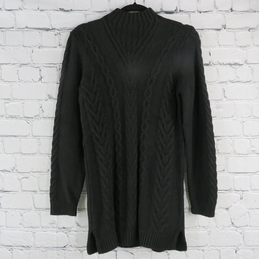 Women's Mock Neck Cable Knit Tunic Sweater - Black - Picture 2 of 4
